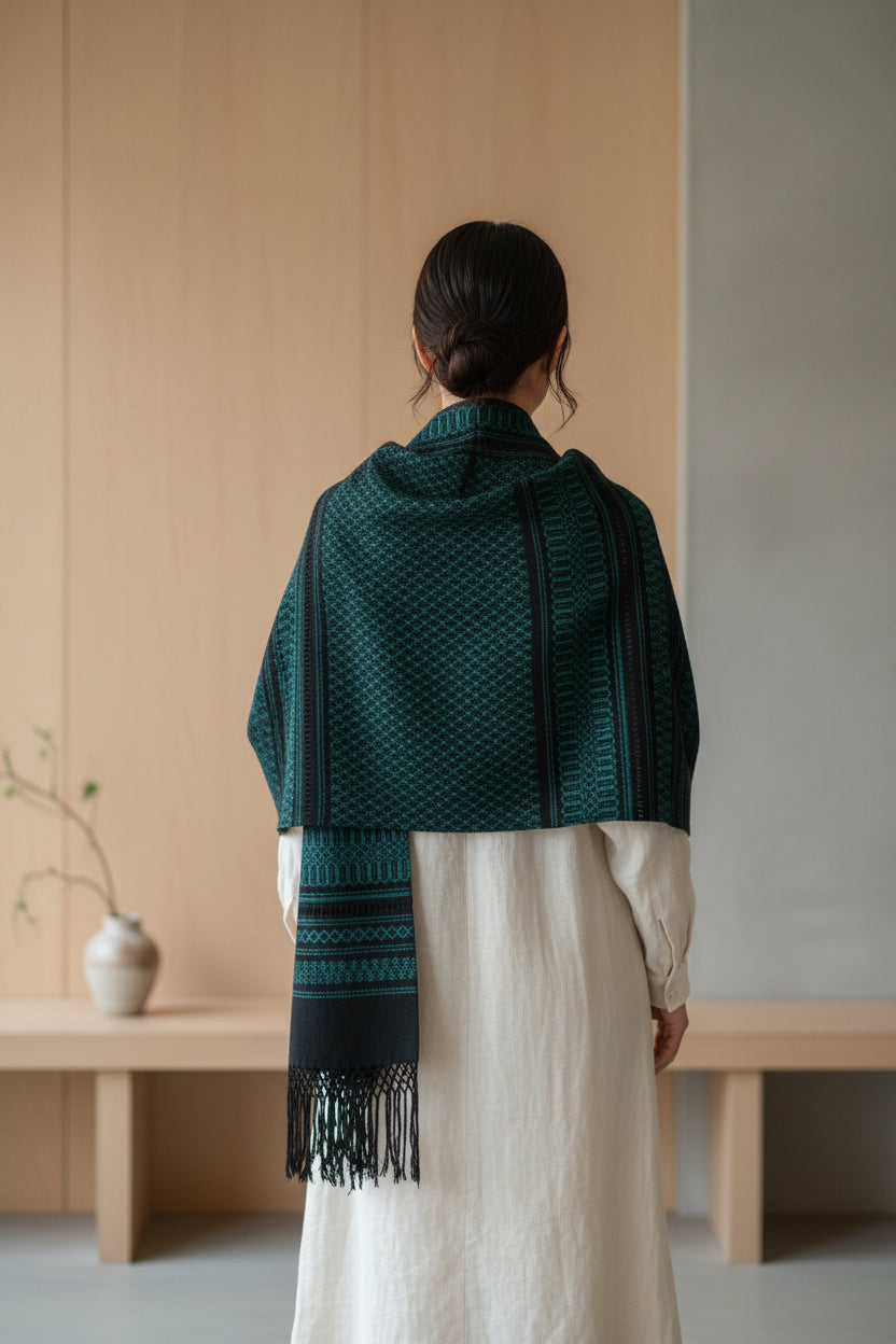Back view of handwoven cotton rebozo shawl showing full drape, diamond weave pattern, and hand-tied fringe