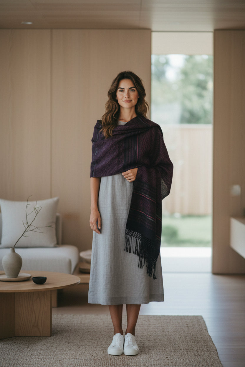Handwoven cotton rebozo shawl in deep fuchsia tones, styled over a light gray dress in a minimalist interior
