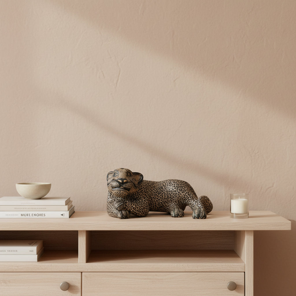 raditional Amatenango del Valle clay jaguar sculpture on a wooden shelf with books and candle against a beige wall