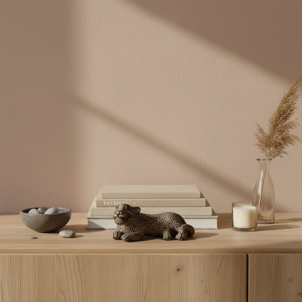 Handmade gold clay jaguar figurine from Amatenango del Valle displayed on a wooden shelf with stacked books, a candle, and a ceramic vase against a beige wall.