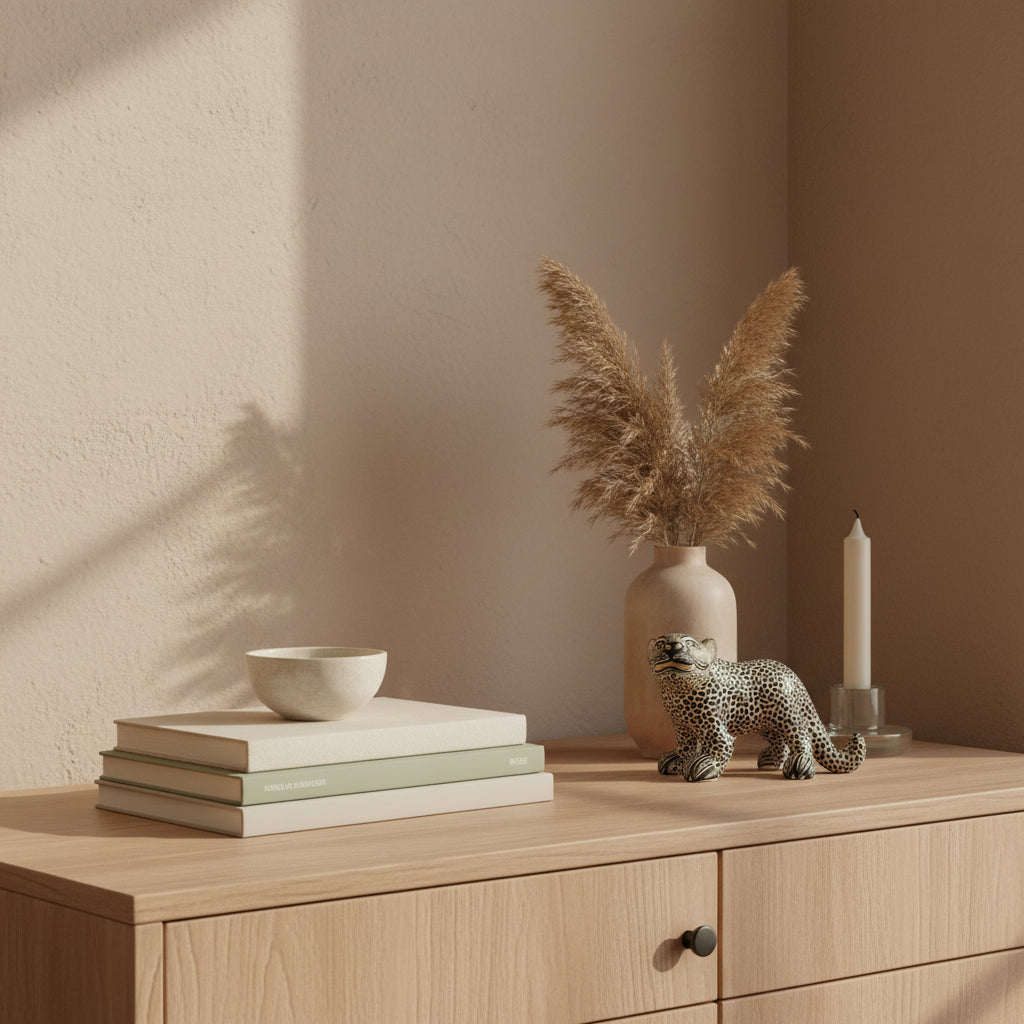 Handmade beige clay jaguar figurine from Amatenango del Valle displayed on a wooden shelf with stacked books, a candle, and a ceramic vase against a beige wall.