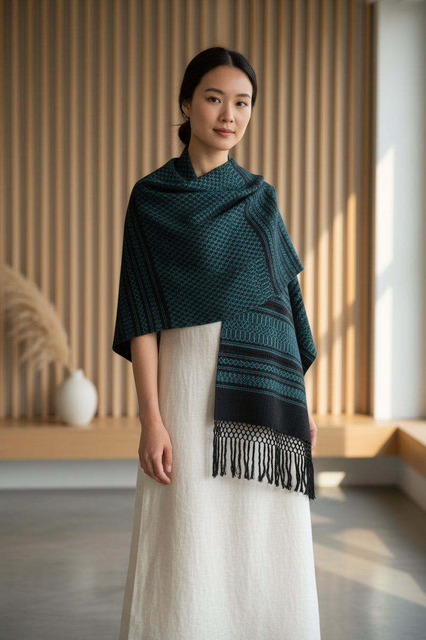 Dark green handwoven cotton rebozo shawl with traditional woven borders, styled in a minimalist wooden interior