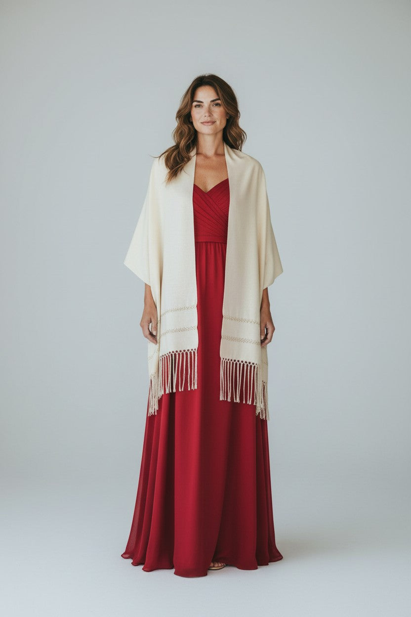 Woman wearing an ivory woven shawl over a red evening dress against a light studio backdrop.
