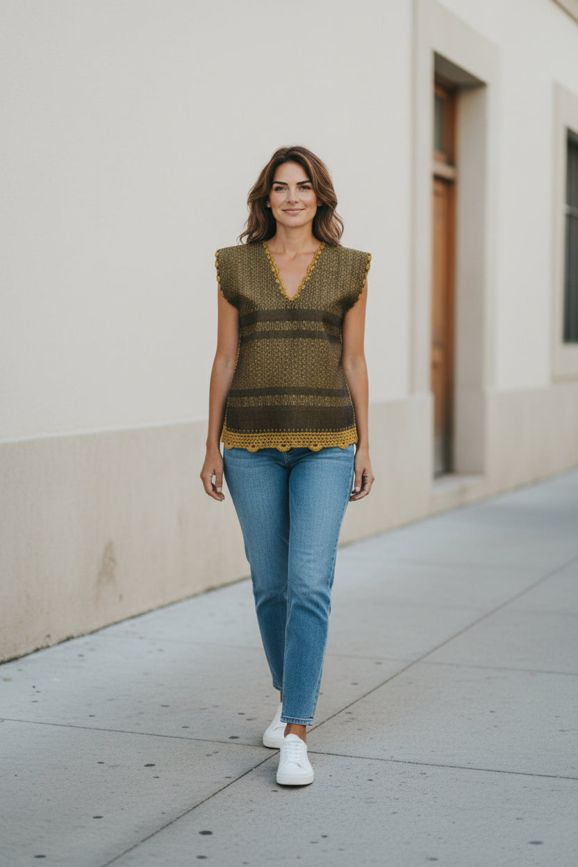 Oaxaca handwoven cotton huipil top in golden ochre worn by model walking outdoors, full body