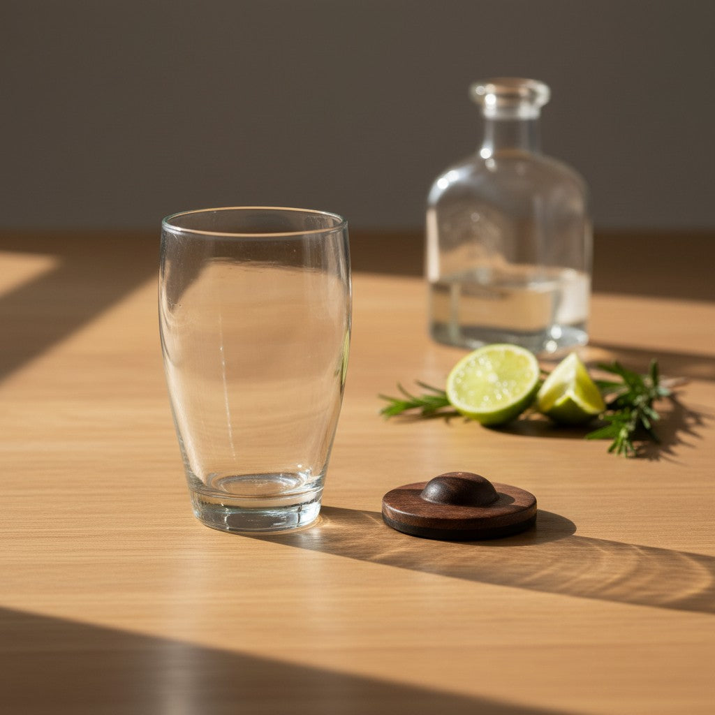 Hand-Blown Glass Tumbler with Parota Wood Coaster