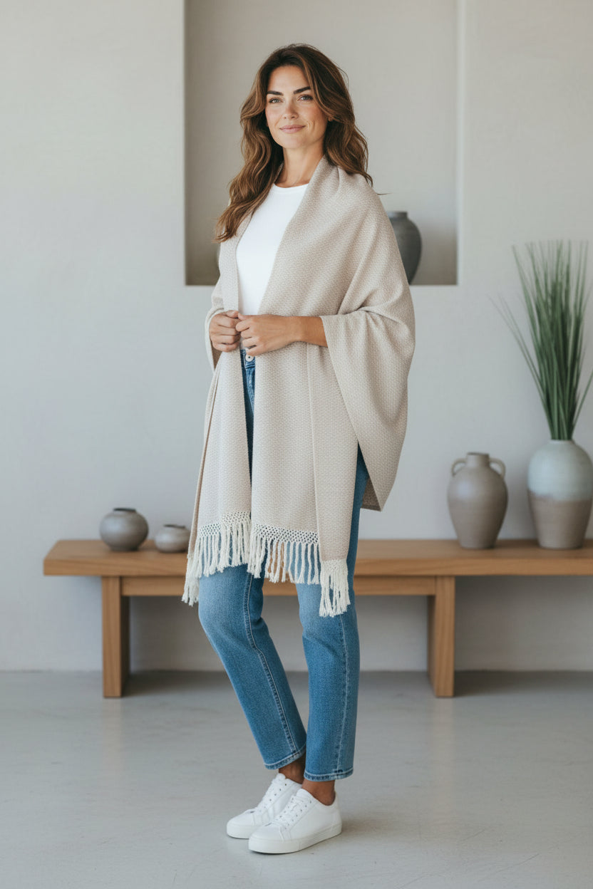 Woman wearing a beige handwoven cotton shawl outdoors, styled casually with jeans and sneakers