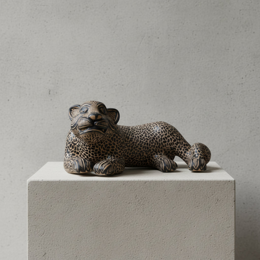 Hand-painted Mayan jaguar clay sculpture on a concrete pedestal, handmade Mexican folk art