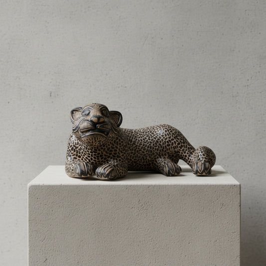 Hand-painted Mayan jaguar clay sculpture on a concrete pedestal, handmade Mexican folk art