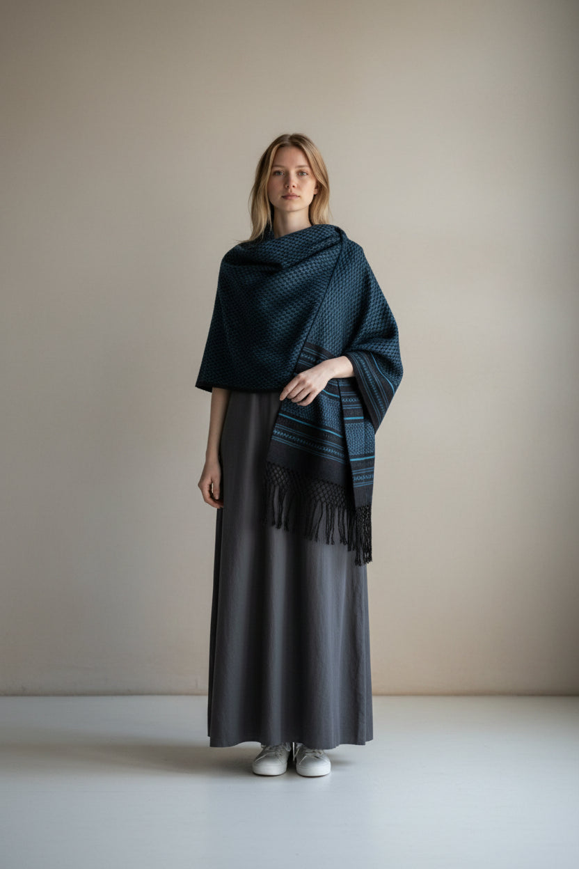 Dark blue handwoven cotton rebozo shawl with geometric woven texture and fringe, shown in full length drape