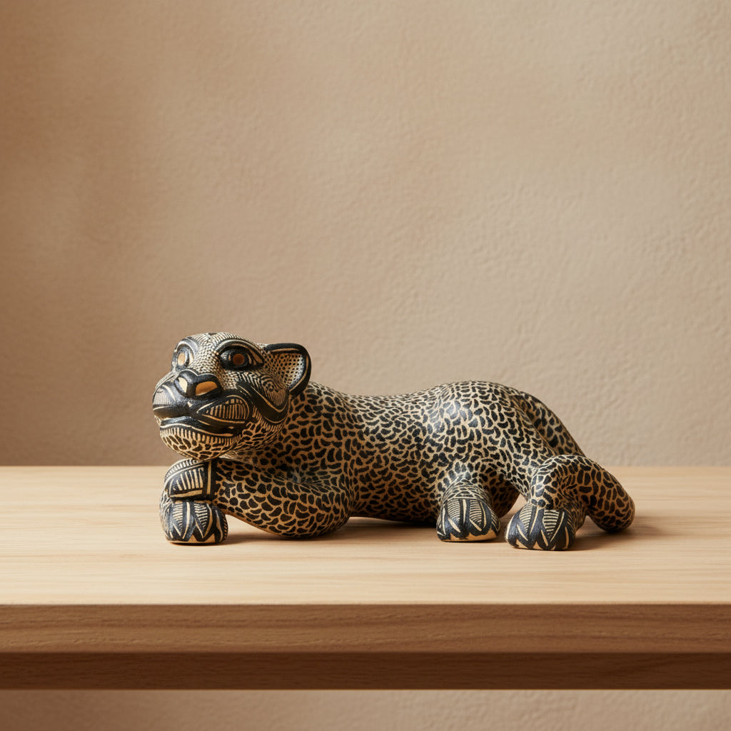 Close-up of a hand-painted clay jaguar sculpture showing traditional spotted detailing